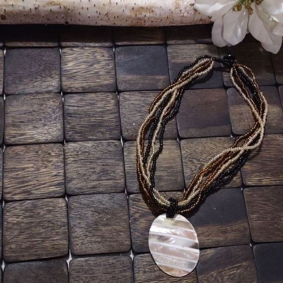 Women's Multi Color Brown Beaded Necklace with Shell Pendant - Picture 1 of 6